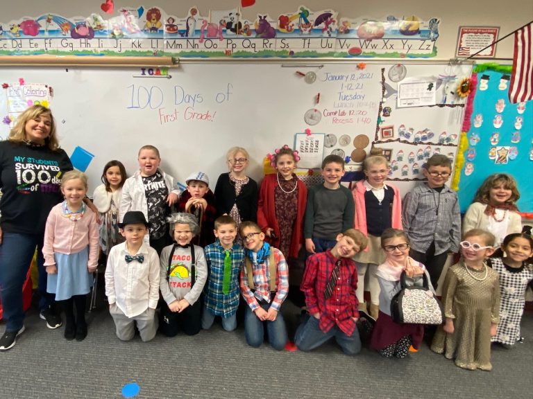 Melissa Dennis’ first-grade class celebrates 100 days of school on Tuesday, Jan. 12. Dennis says the class has been lucky to be in-person all year.  Submitted Photo