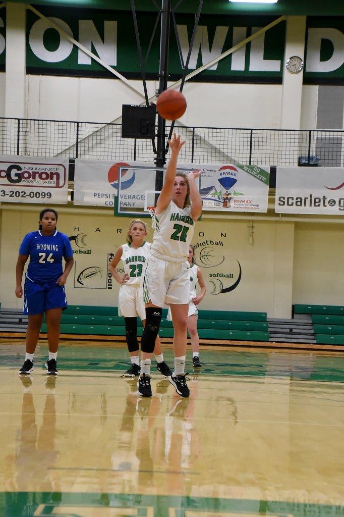 Ella Pittman tries for a free throw during Harrison’s game against Wyoming Jan. 5.  Photo by Sandy Minor