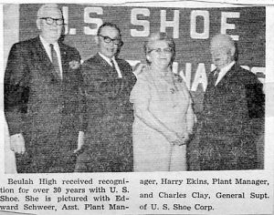 A clipping from Harrison Press of Beulah High being recognized for working 30 years at U.S. Shoe Corp. Submitted Photo