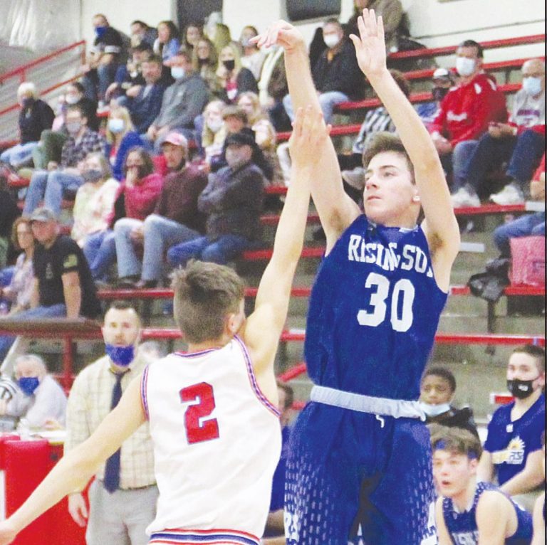 Rising Sun senior guard Chris Bowne (30) shoots a three from the wing in the Shiners’ 65-43 Saturday night loss at Southwestern (Shelby), the site of next week’s Class A Sectional 60 state tournament opener. MASON J. UHLMANSIEK