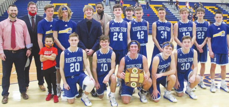 Rising Sun’s boys varsity basketball Shiners (5-5) defeated ORVC rival Switzerland County for the third time this season to retain possession of the Ruler Of The River rivalry trophy for another year Saturday with a 48-44 victory at Vevay. Landon Cole, who led RS with 18 points, holds the trophy. MASON J. UHLMANSIEK