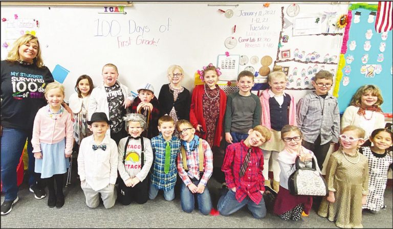 Melissa Dennis’ first-grade class celebrates 100 days of school on Tuesday, Jan. 12. Dennis says the class has been lucky to be in-person all year. Submitted Photo