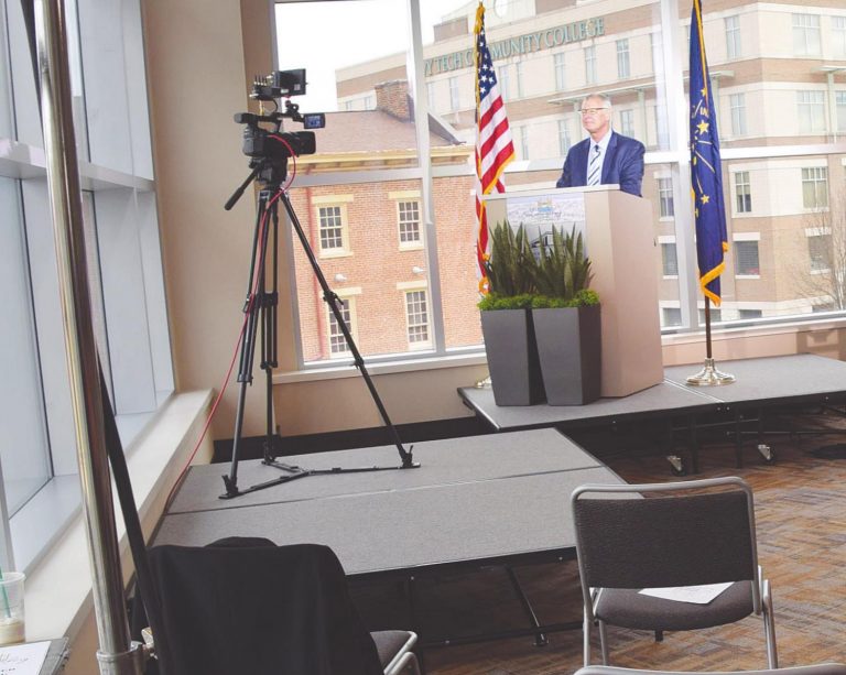 Lawrenceburg Mayor Kelly Mollaun gives his State of the City Address in an almost empty Event Center second floor. Attendance was limited because of the COVID-19 pandemic. MARC EMRAL/THE JOURNAL-PRESS