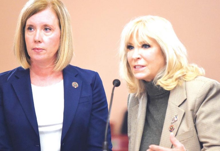 State Reps. Cindy Abrams, left, and Sara Carruthers give testimony on House Bill 109, legislation that creates new criminal offenses to combat rioting, looting, and violence in Ohio. SUBMITTED PHOTO