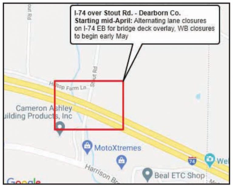 There will be alternating lane closures throughout the summer on Interstate 74 at the Stout Road bridge. COURTESY OF INDOT