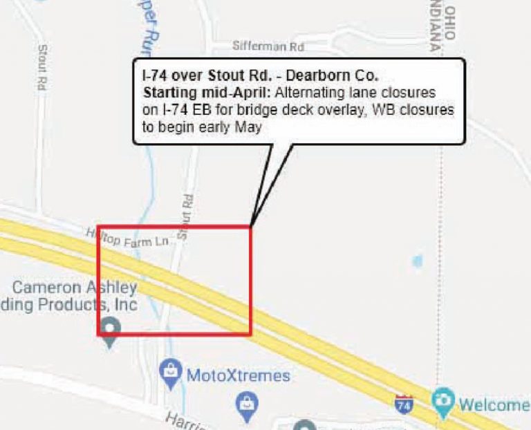There will be alternating lane closures throughout the summer on Interstate 74 at the Stout Road bridge. COURTESY OF INDOT