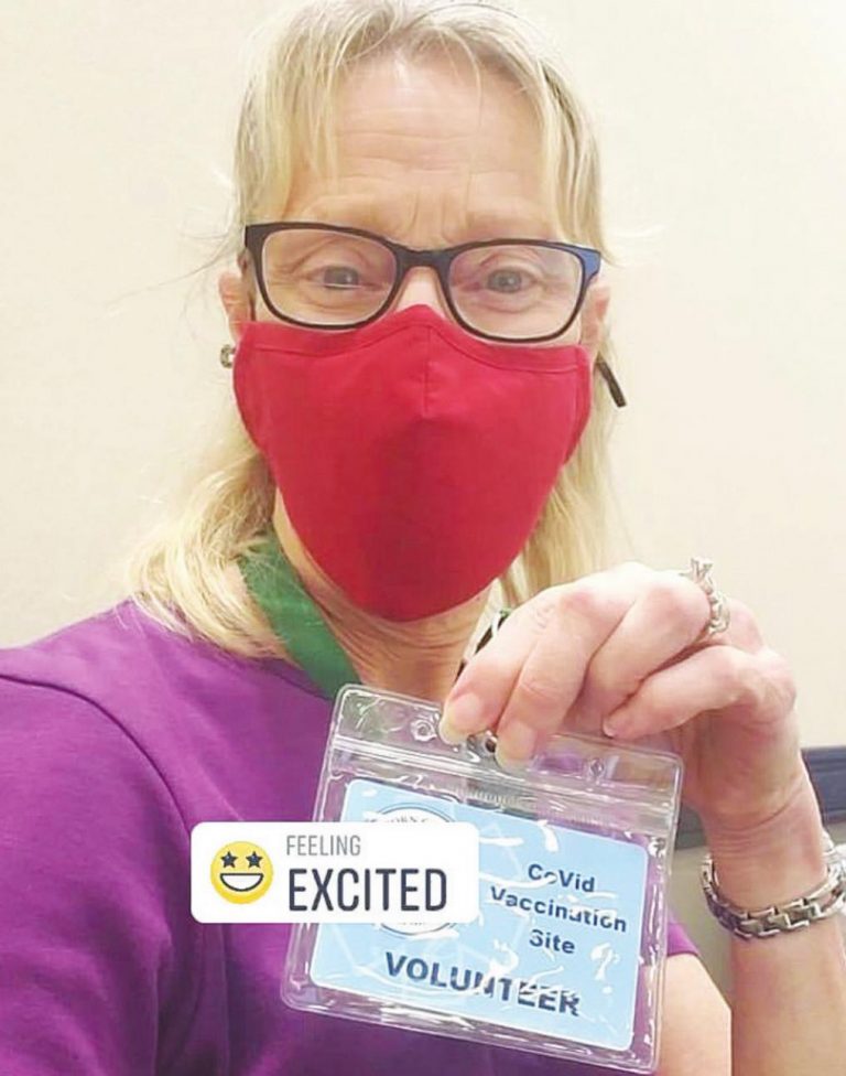 Susan Sattler volunteering at the COVID-19 vaccination clinic at the Dearborn County Event Center. SUBMITTED PHOTO
