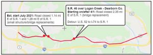 This is the section of Ind. 46 closing starting April 1 between U.S. 50 and Ind. 1. Another bridge project is expected to close the road a few miles west of this site. COURTESY OF INDOT