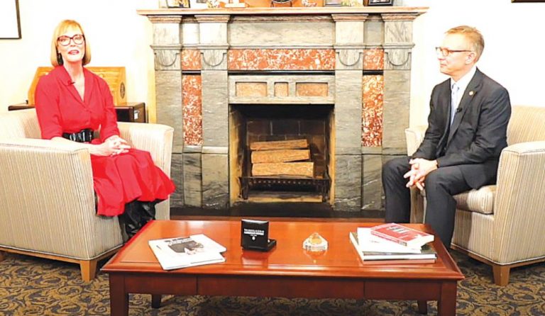 Indiana Lt. Gov. Suzanne Crouch and State Sen. Jeff Raatz at their “fireside chat.” SUBMITTED PHOTO