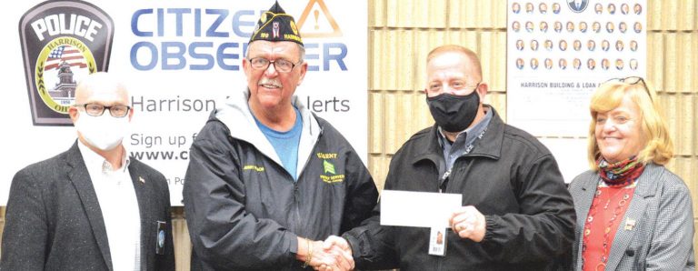 The American Legion donated $1,199 to the Harrison police Department for its utility vehicle fundraiser at the City Council Meeting on Feb. 16. From left Harrison Mayor Bill Neyer, American Legion Post 199 1st Vice Commander Jerry Wilson, Police Chief Charles Lindsey and Councilwoman Jean Wilson. HALIE BARGER/THE HARRISON-PRESS