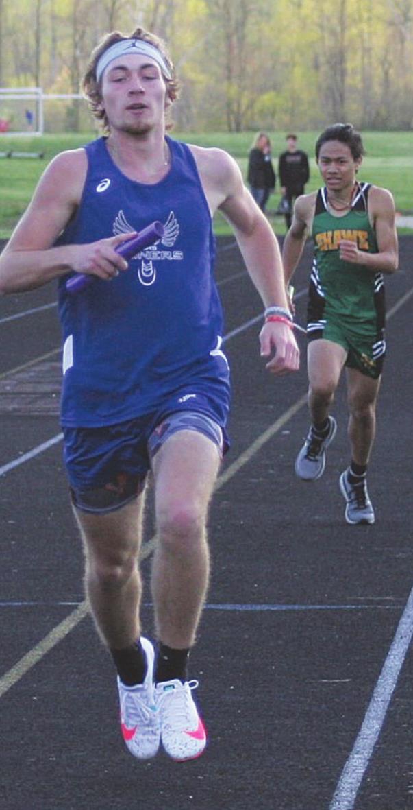 Rising Sun senior Grant Taylor, shown running in the 4 X 400- meter relay earlier this season, finished first in both the 400-meter dash (season best 55.7 seconds) and 800-meter run, in the Shiners’ tri-meet at Lawrenceburg Tuesday, April 20. MASON J. UHLMANSIEK
