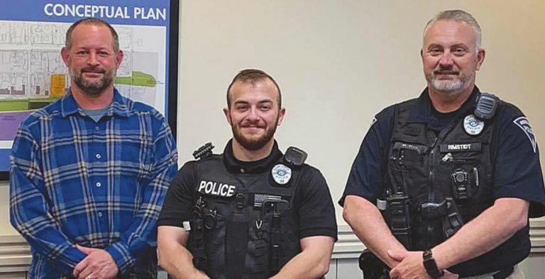 Rising Sun’s newest police officer, Joe Gibson, center, was recently sworn in. With Gibson are Mayor Steve Slack, left, and Rising Sun Chief of Police Rodney Rimstidt. SUBMITTED PHOTO