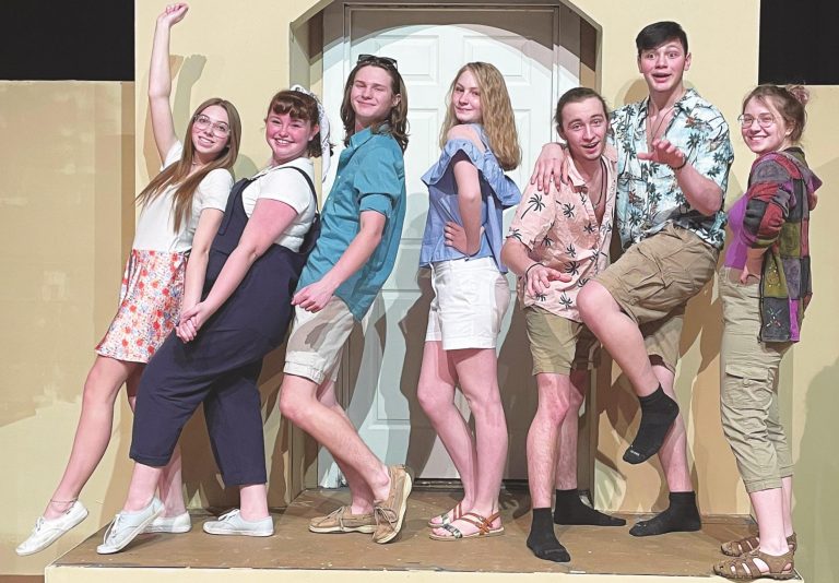The cast of the East Central High School play “Momma Mia!” will perform next weekend, April 9, 10 and 11. From left are: Jazlin Herbert, Erin McKinney, Thomas McKnight, Lori Materson, Ryan Foz, Andrew Watkins, and Olivia Uribe. SUBMITTED PHOTO