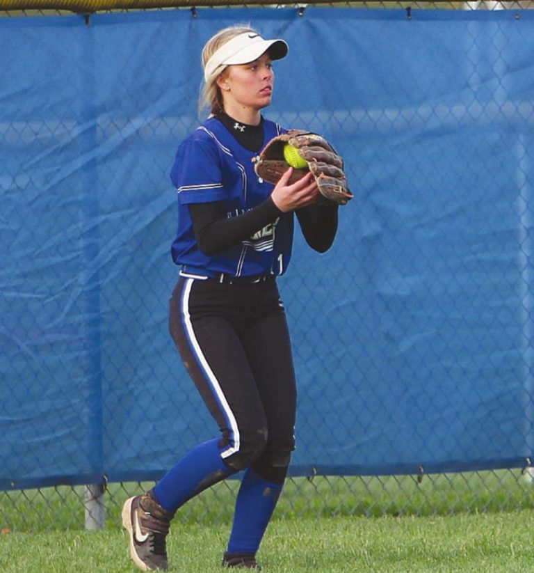 Senior Shelby Stogsdill, shown making a catch in the outfield earlier this season, has been another key leader during Rising Sun softball’s 6-3 start. MASON J. UHLMANSIEK