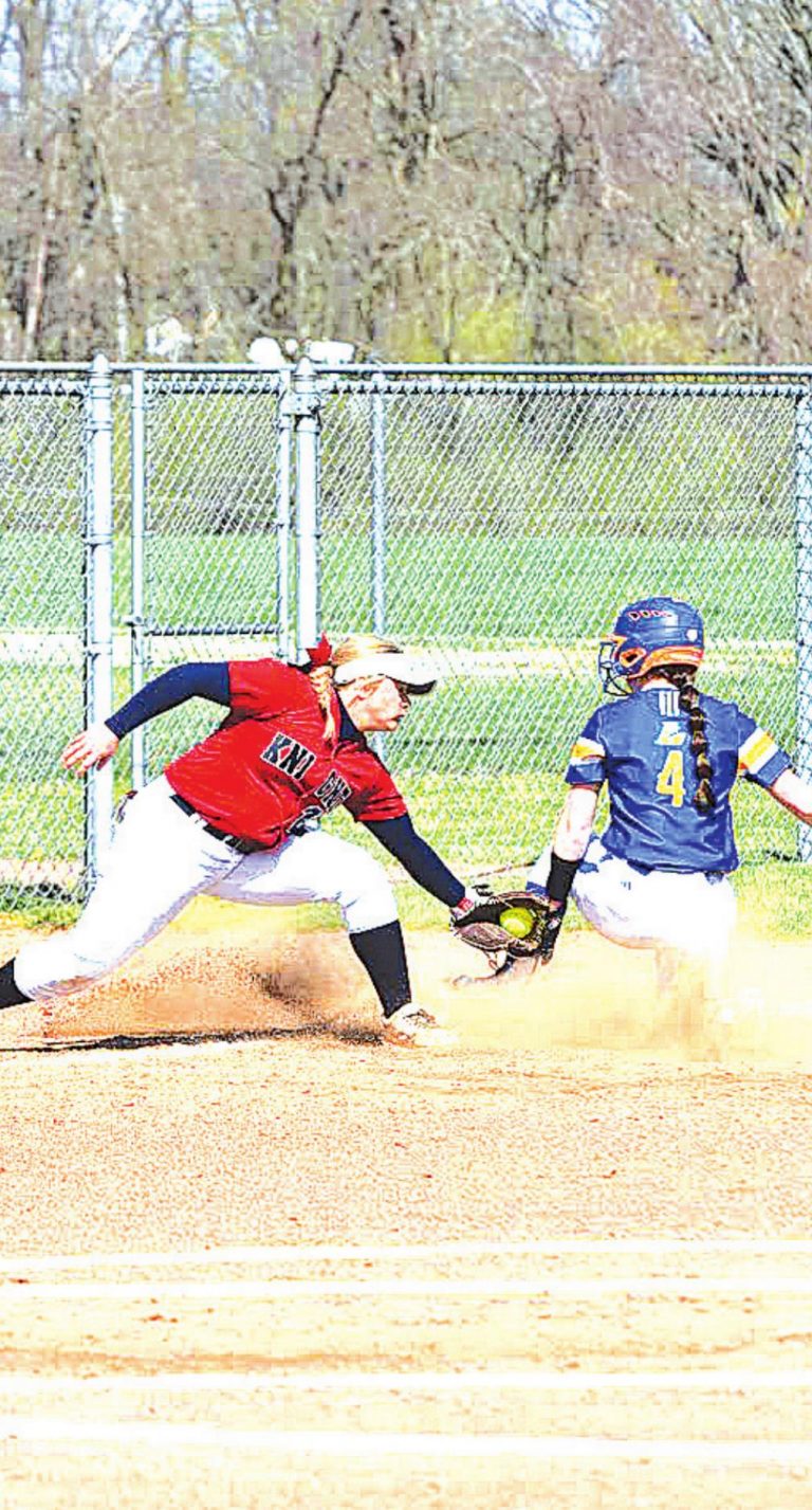 South Dearborn senior Alley Lunsford, shown making a tag at third base earlier this season, drove in 5 runs in the Lady Knights’ 14-5 win over Rising Sun Tuesday. SANDRA LUNSFORD
