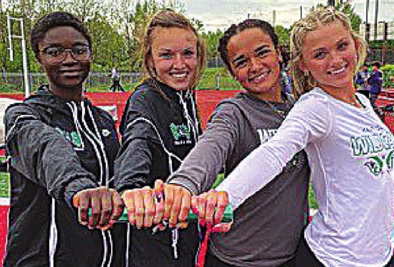 Harrison’s girls four-by-100-meter relay set a school record of 50.78 seconds May 6 in the Best of the West Meet at Oak Hills. From left: Timi Oyekunle, Lana Price, Olivia Butler and Ava Tombragel. PHOTO COURTESY HARRISON HIGH SCHOOL