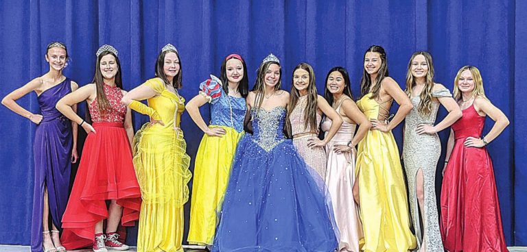 The Rising Sun High School cheerleaders dressed as princesses and welcomed younger girls for a night of girly things. They painted nails, curled hair, and danced. From left are: Natalie Fisk, Olivia Cate, Gracie Gregory, Shawna Cutter, Kaitlyn Reed, Jenna Housemeyer, Kate Jenkins, Mallery Banschbach, Isabelle Davis, and Marissa Zahneis. SUBMITTED PHOTO