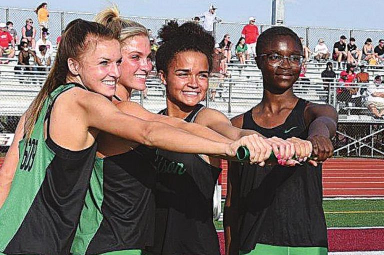 The 4 X 100 meter relay team of, from left, Lana Price, Ava Tombragel, Olivia Butler and Timi Oyekunle competed in the regional track meet last weekend. PHOTO BY SANDY MINOR