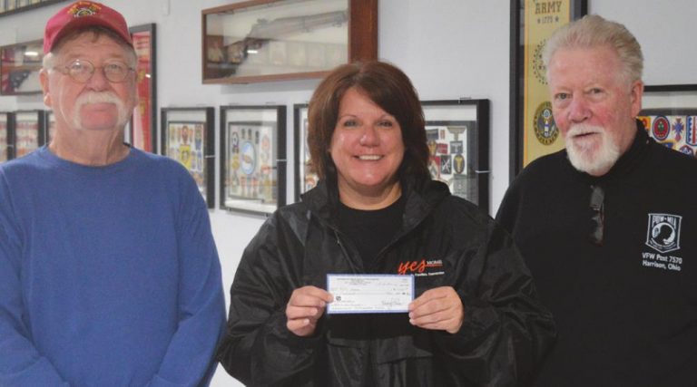 The VFW in Harrison donated $1,000 to the YES Home in Dearborn County. Presenting the check are, from left VFW Second Commander Bill Floyd, YES Home Executive Director Amy Phillips, and VFW Post 7570 Commander Mike Whitener. HALIE BARGER/The Harrison-Press