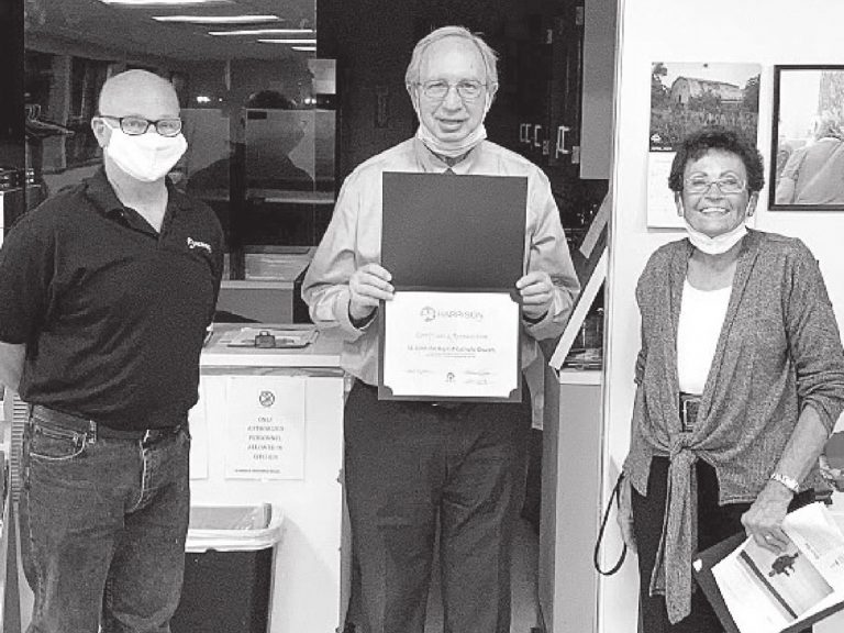 Don Meyer accepting Award of Appreciation for St. John the Baptist; from left, Mayor Bill Neyer, Don Meyer, and Gail Chuck. SUBMITTED PHOTO
