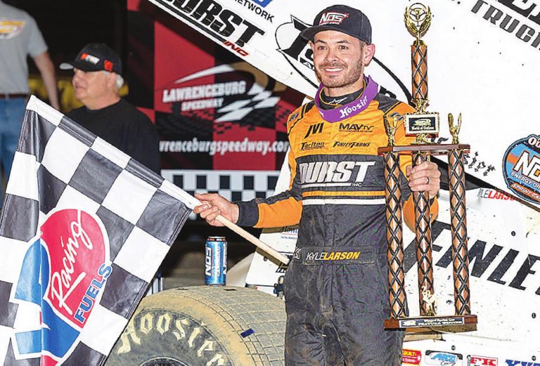 Kyle Larson, the winner of Sunday’s NASCAR Cup Series Coca-Cola 600 at Charlotte Motor Speedway, took the checkered flag in Lawrenceburg’s World of Outlaws Memorial Day Spectacular less then 24 hours later. TRENT GOWER//WORLD OF OUTLAWS
