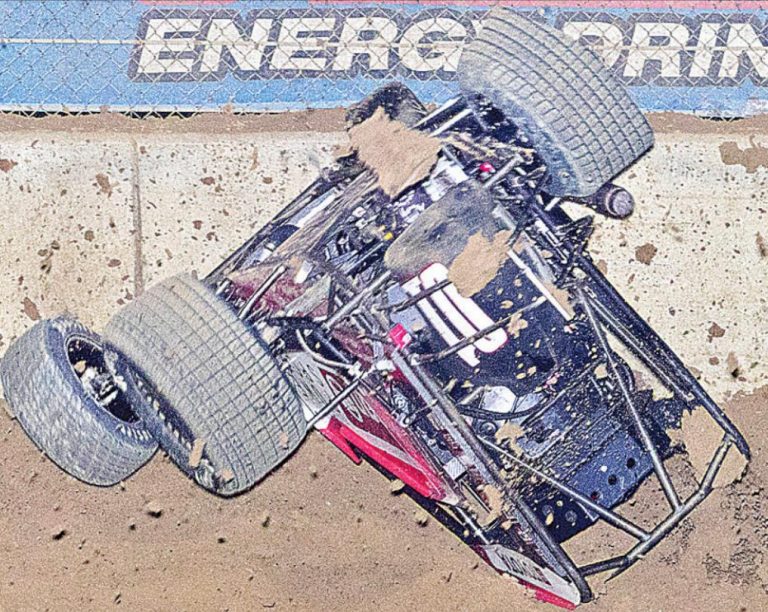 Bryant Wiedeman’s No. 01 midget sprint car flips violently during Saturday’s USAC Indiana Midget Week event at Lawrenceburg. Wiedeman wasn’t seriously hurt in one of several incidents. TIM THOMAS/L’BURG SPEEDWAY
