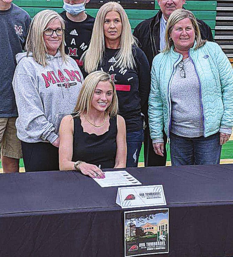Harrison High School senior 2020 graduate Ava Tombragel signs her letter-of-intent with Miami University-Hamilton to play basketball. PHOTO COURTESY HARRISON ATHLETIC DEPARTMENT