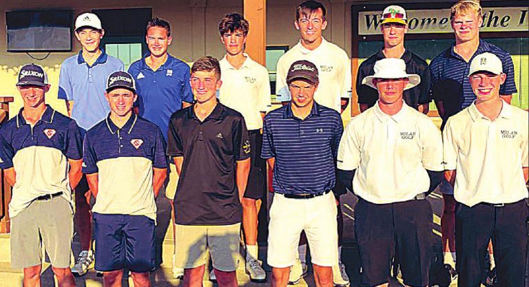 Rising Sun’s Chris Bowne and Nate Elliott (second row, far left) were among the top 12 individuals earning all-conference honors at the Ohio River Valley Conference boys golf tournament May 22 at The Links at Rising Star. MASON J. UHLMANSIEK