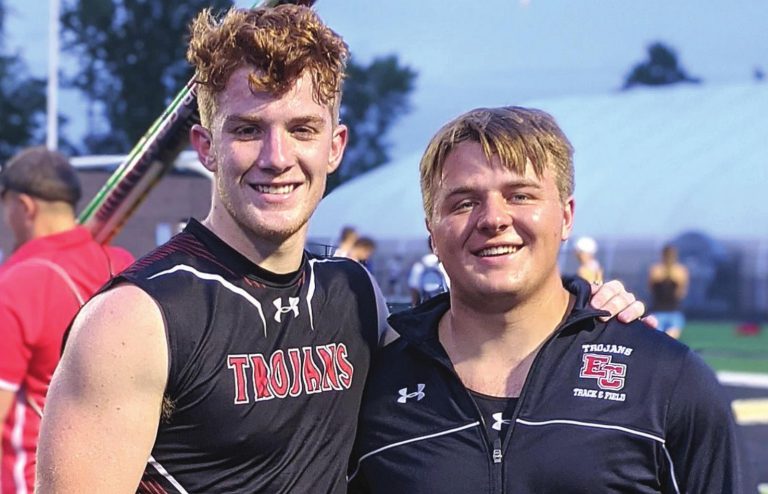 East Central’s Nathan Griffin (left) and Leo Maxwell both qualified for Friday’s IHSAA Boys Track & Field State finals with top-3 finishes at last week’s Warren Central regional. EC ATHLETICS