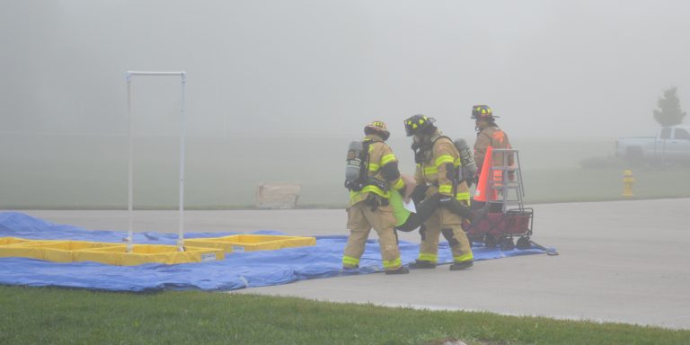 Firefighters helped a "victim" at Whitewater Mills.